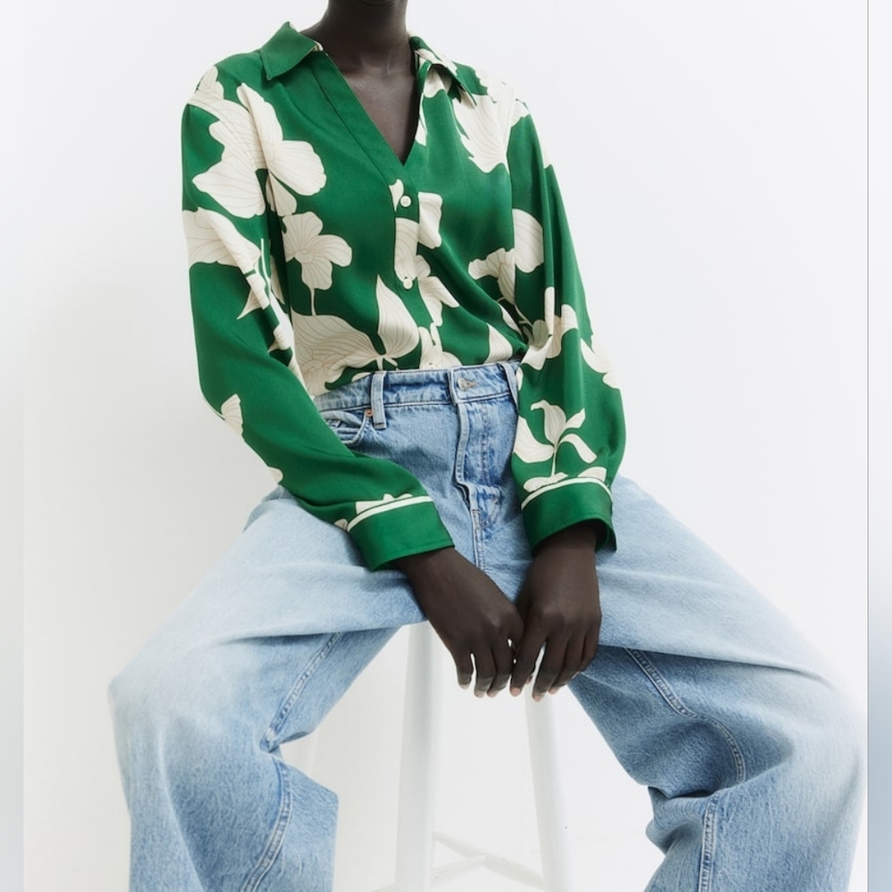 H&m Co-ord Set pajama style shirt × flowy pants floral green ecru BNWT